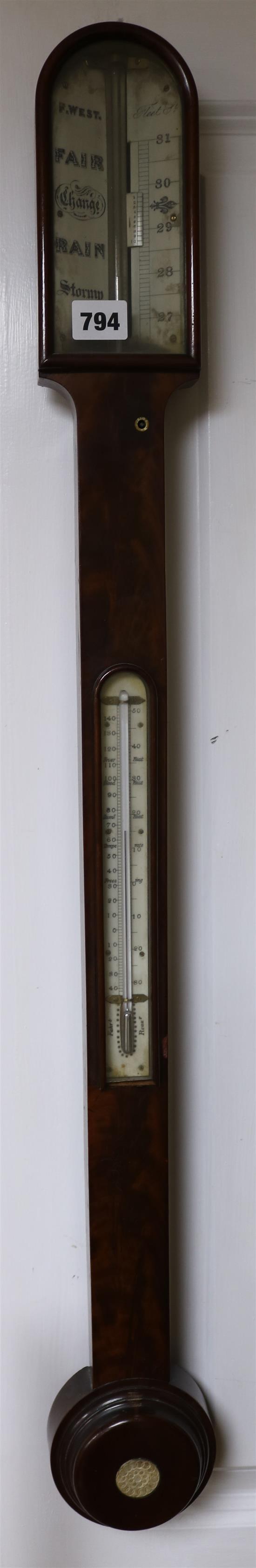 A mid 19th century mahogany stick barometer H.90cm